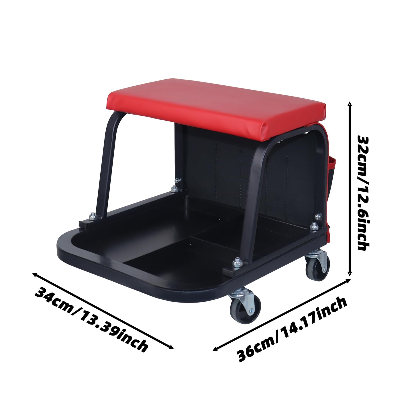 Rolling Mechanic Garage Stool on Wheels with Padded Cushion, Tool Tray Storage and Side Pockets, 300 LBS Capacity, Red BST220