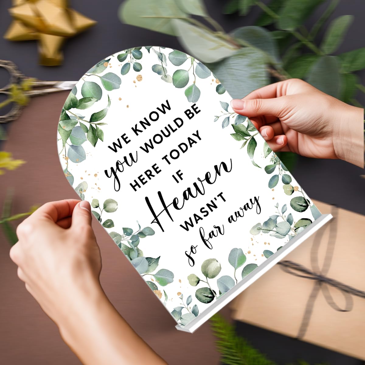 Acrylic Wedding Signs, Bubble Send Off Signs for Marriage Reception, Bridal Shower Decorations, Modern Arched Round Top Acrylic Table Top Sign with Holder for Wedding Party (White Eucalyptus Leaves) BST326L