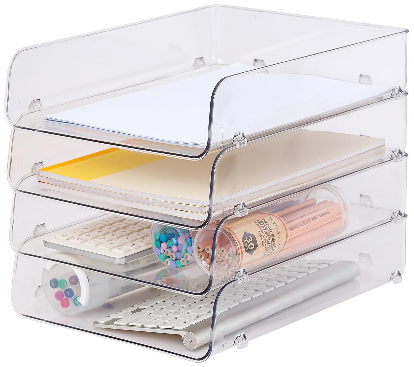 Gagee 4 Pack Paper Organizer for Desk,Stackable Paper Tray Book Holder for Classroom,Office and More,Letter Tray Desk Organizer,Clear BST220