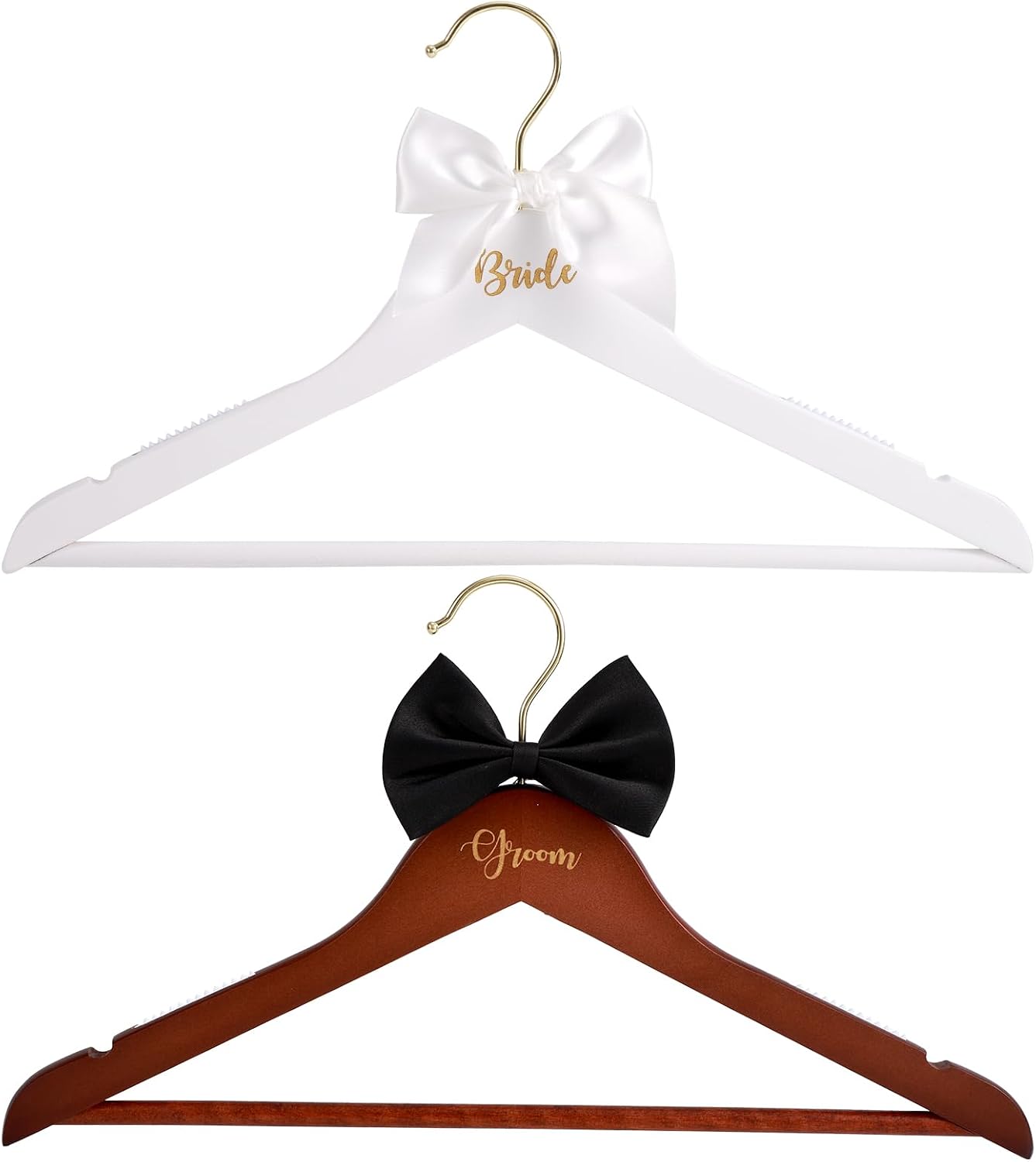 2pcs Bride and Groom Wedding Hangers, Wooden Elegant Bridal Dress Hanger with Bow & Bow Tie Wedding Dress Accessory for Bridal Party & Shower Supplies BST326H