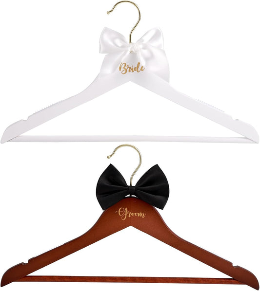 2pcs Bride and Groom Wedding Hangers, Wooden Elegant Bridal Dress Hanger with Bow & Bow Tie Wedding Dress Accessory for Bridal Party & Shower Supplies BST326H