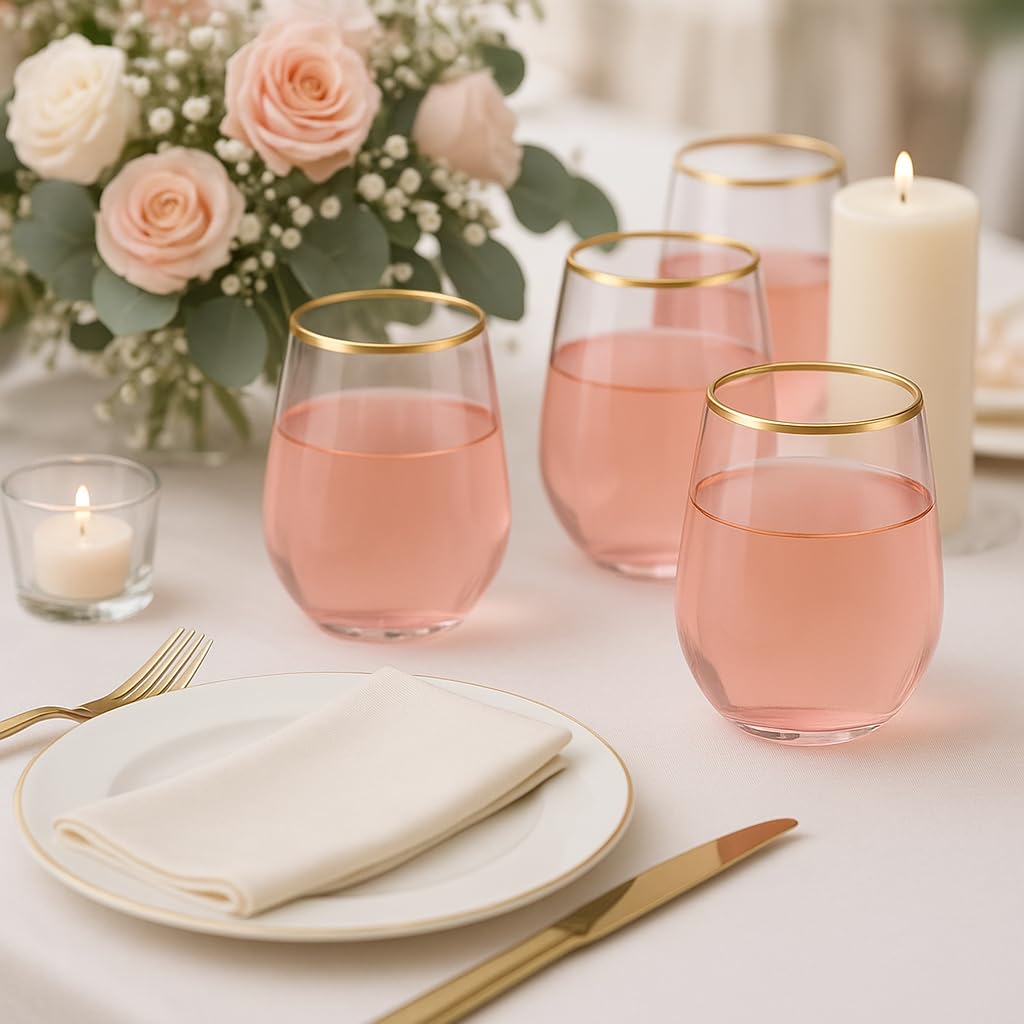 Oojami 40 Pack Diamond Disposable Plastic Wine Glasses 12oz for Parties | Stemless Wine Cups, Champagne Cocktail Whiskey - Shatterproof Unbreakable Reusable Recyclable BPA-Free, Weddings Birthday BST220