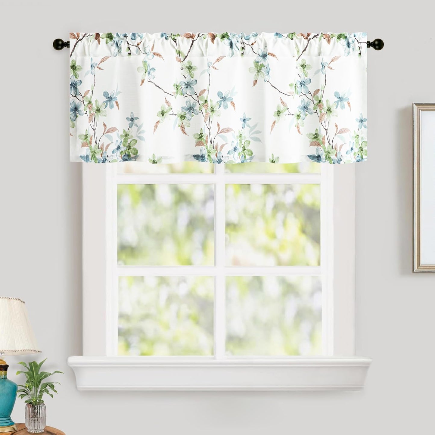 Leeva Farmhouse Kitchen Valances for Windows, Watercolor Blossoming Floral Print Curtains, Soft Faux Linen Curtain Toppers and Valances for Bedroom, 60 x 14 Inch, Brown & Grey, 1 Panel BST220