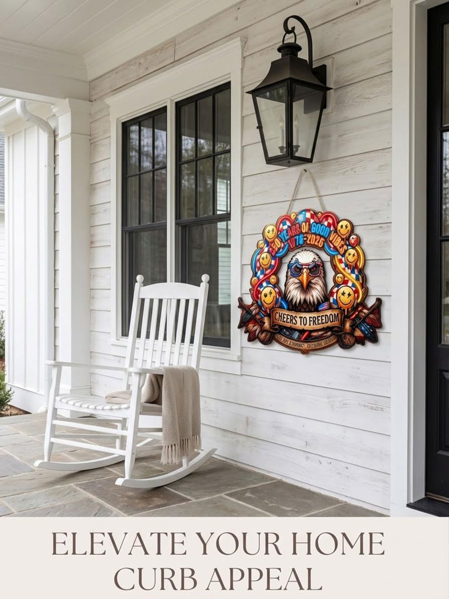 USA 250th Anniversary Wooden Door Sign, 1776-2026 Commemorative Bald Eagle Patriotic Wall Hanging Decor, Cheers to Freedom Party Wreath for July 4th Home Porch Decor (250year-1) BST202