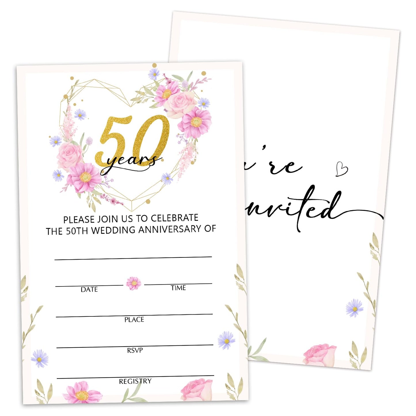 50 Years Anniversary Bridal Shower Invitations Cards, Set of 25 Gold Foil Floral Fill in Style 50th Year Wedding Invites Cards with Envelopes for Couples Marriage Party Supplies-T05 WN420