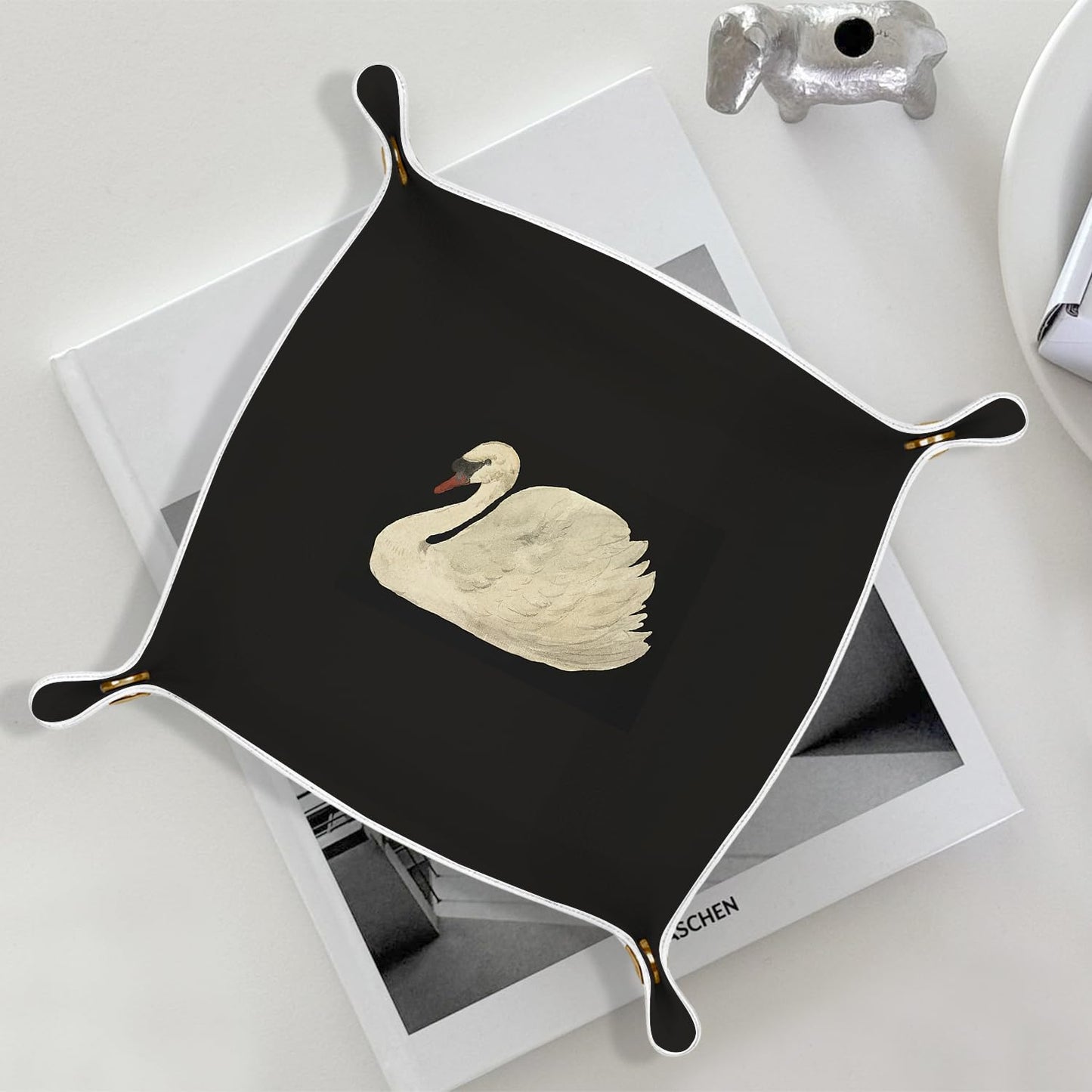 Marble Jewelry Valet Tray for Women Men, Black and Gold Marble PU Leather Catchall Beside Caddy Nightstand Organizer Tray for Jewelry Rings Watches Keys and Accessories, 7.87x7.87in BST220