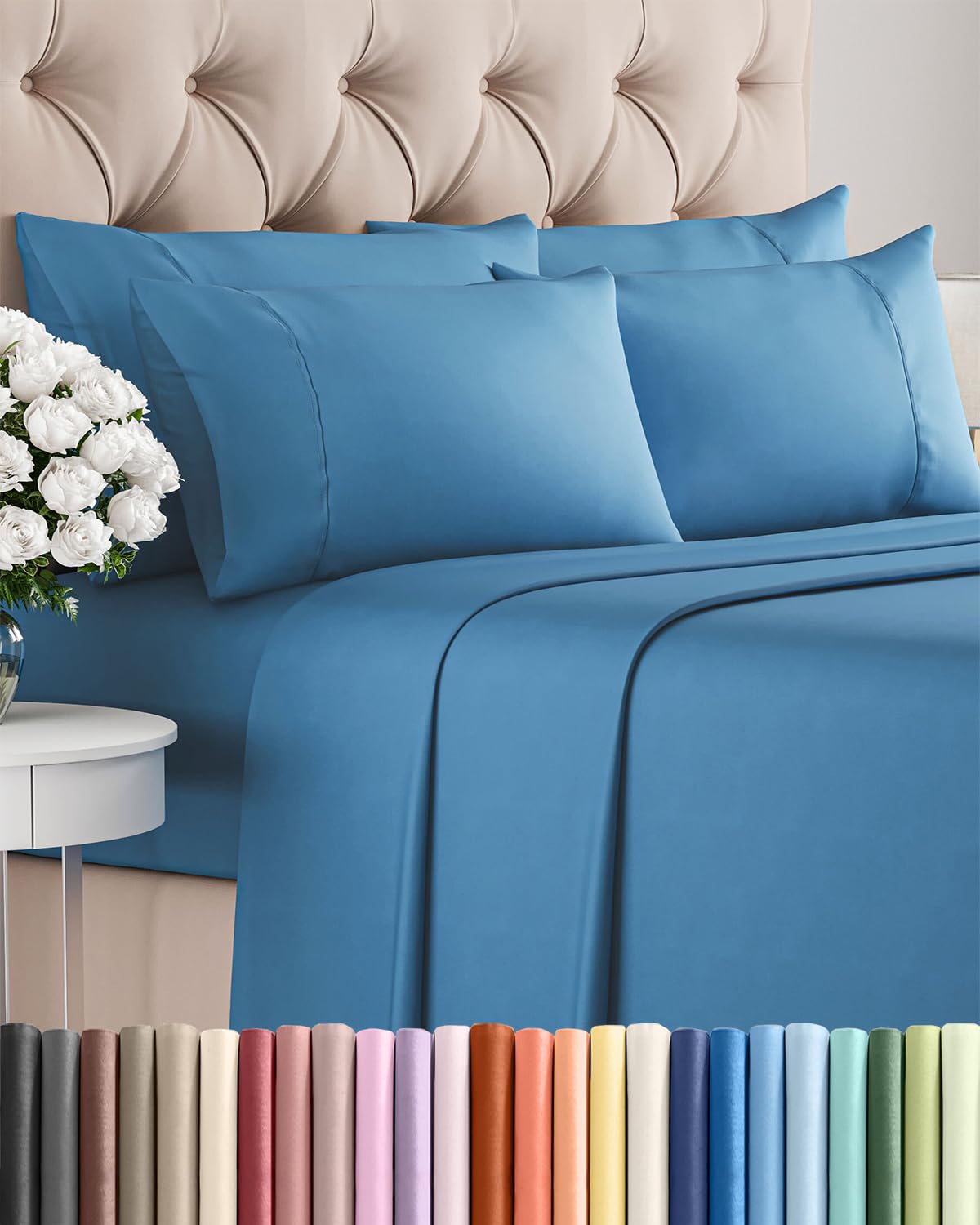 Split King 7 Piece Sheet Set - Comfy Breathable & Cooling - Soft Hotel Luxury Bedding Set with 8-16 Inch Deep Pockets - 1 Flat & 2 Fitted Sheet & 4 Pillowcases - Wrinkle Free & Easy Care - Steel Blue DD1210