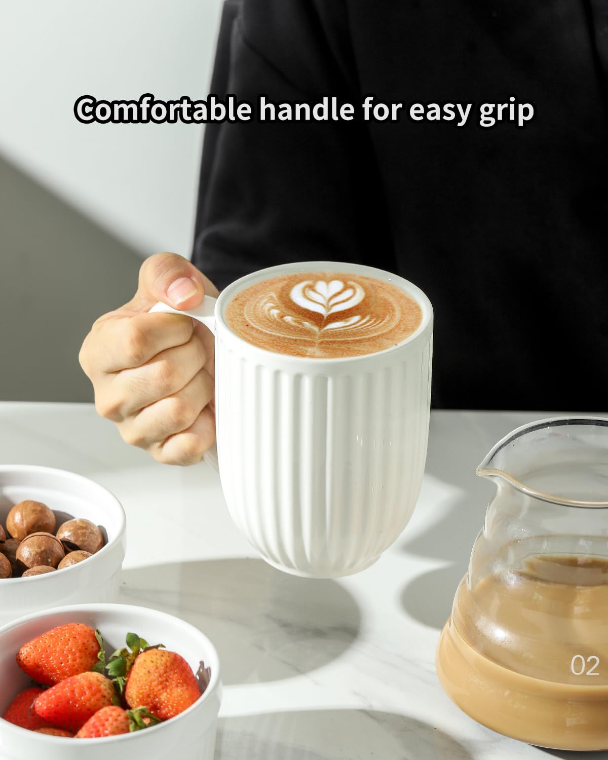 HASENSE Textured Large Coffee Mugs Set of 4, 16 Oz Ribbed Ceramic Cups with Large Handle for Latte Tea Cappuccino, Stackable Embossed Mug Set for Mom Dad, Microwave Dishwasher Safe, Creamy White BST220