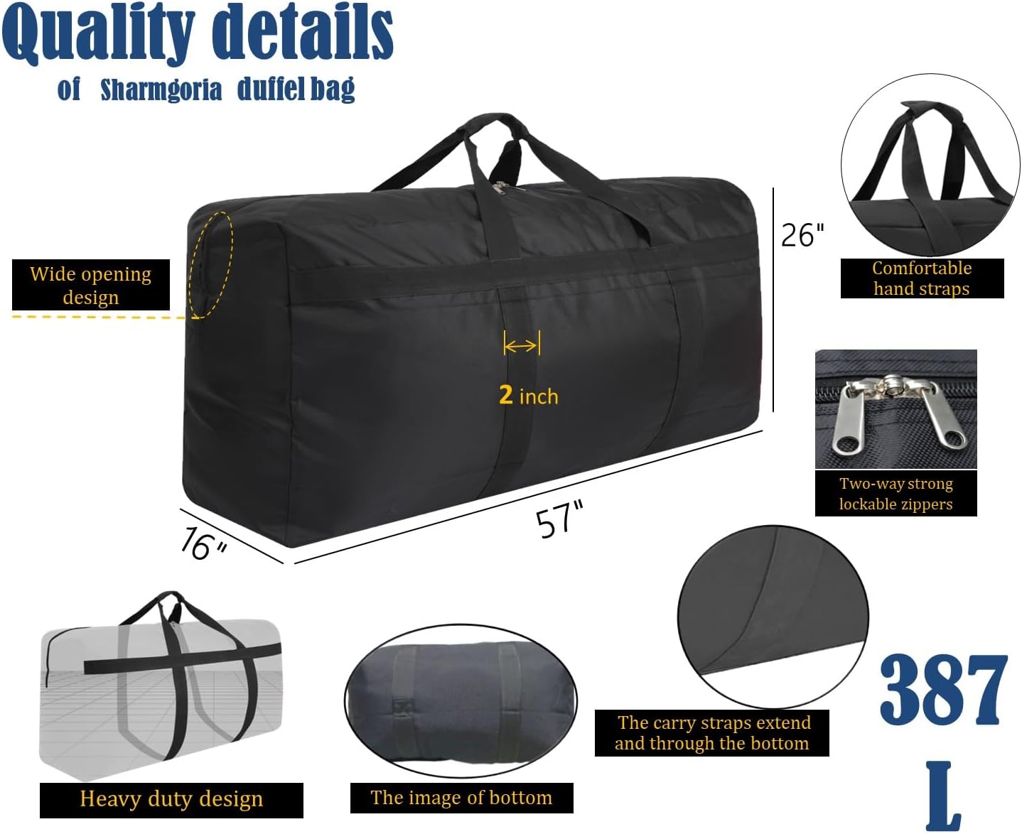 Foldable Storage Duffle Bag Huge Moving Bag Great for House Moving, Overnight Camping, Traveling, Large Items Storage, College Dorms and More (387L Black) BST326H
