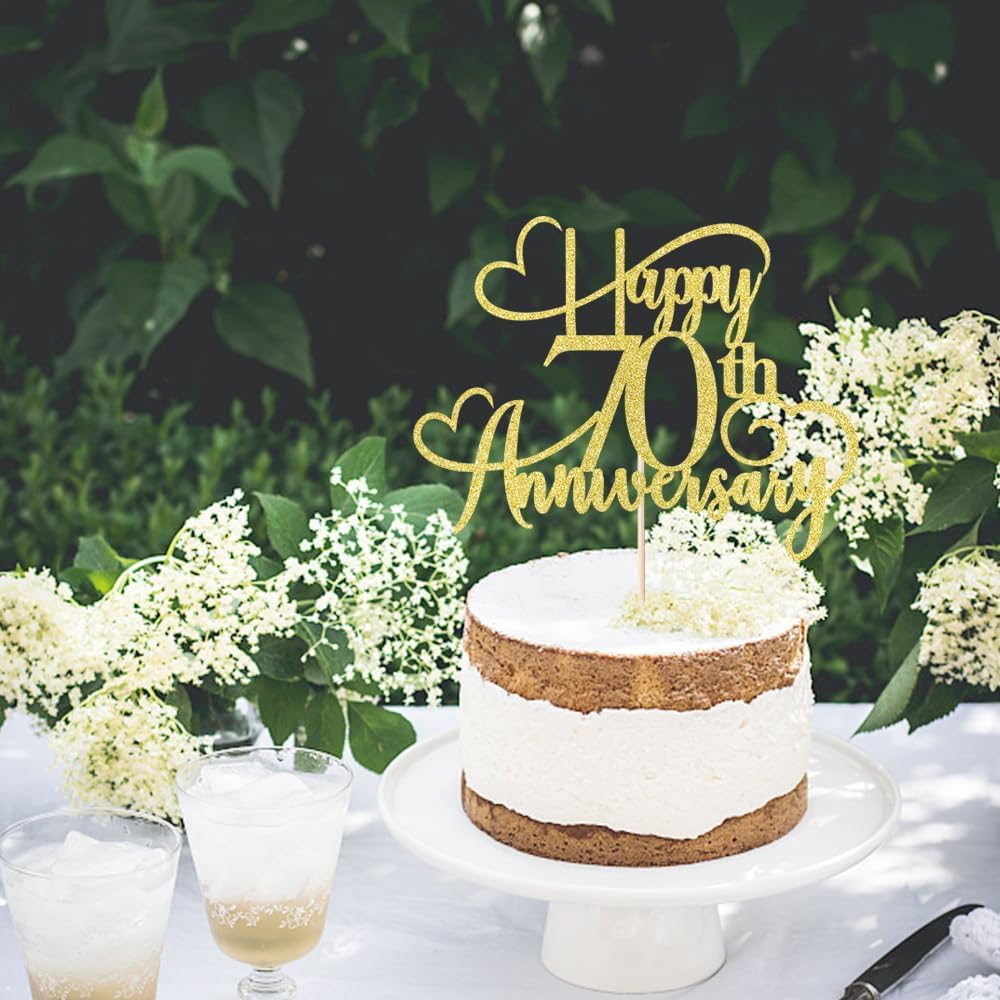 Happy Anniversary Cake Topper gold Glitter 1/15/16/18/25/30/40/50/60/70/80/90 Party Decoration Cake Topper Supplies Wedding Anniversary Cake decoration (70) BST202