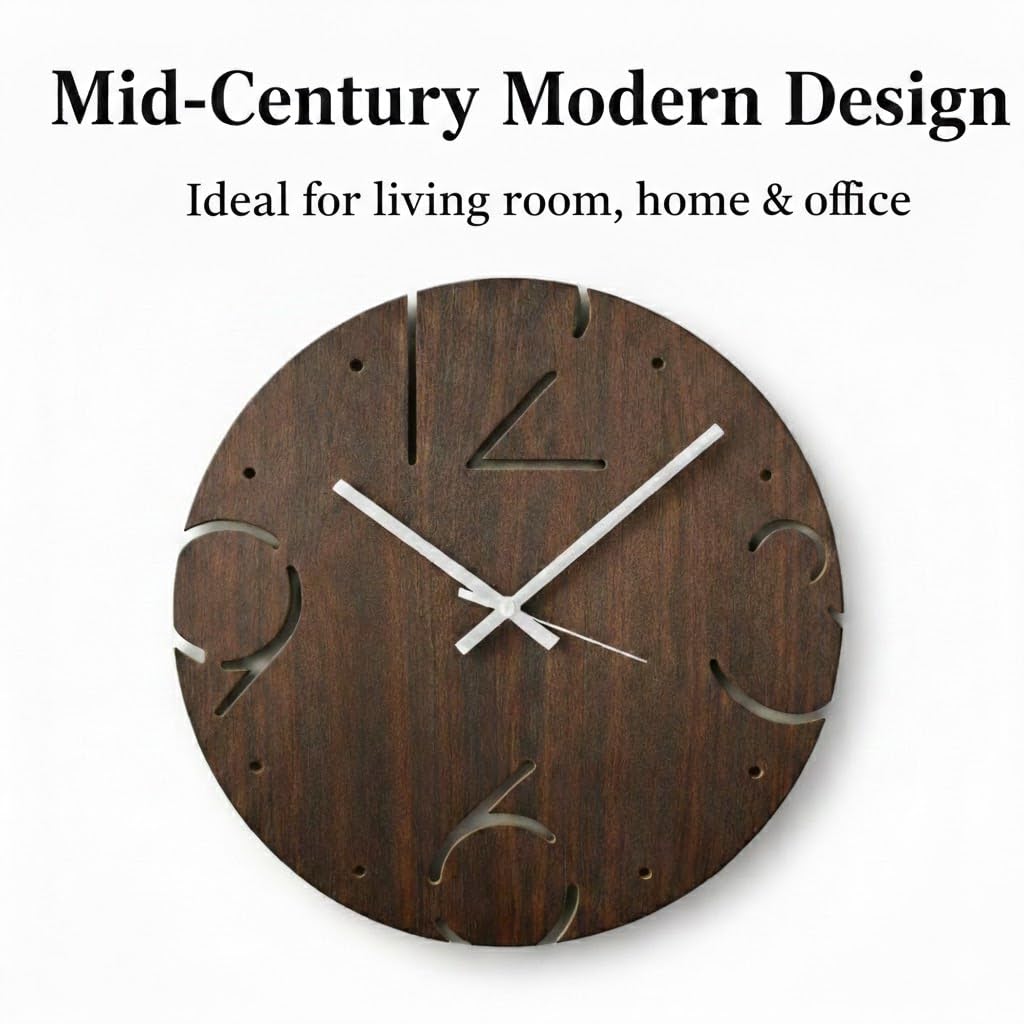 Modern Wall Clock 12", Silent Non-Ticking, Lightweight Wood-Look Design N29