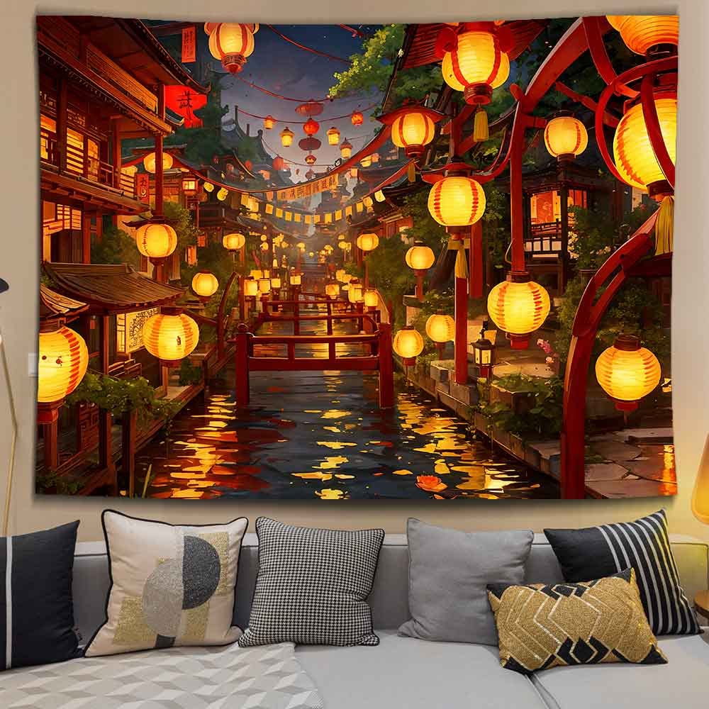 Ine Ive Japanese Tapestry Wall Hanging Large Size 93x71 Inch | Traditional Japan Streets filled with lanterns tapestry for Bedroom Living Room Dorm Office Restaurant Wall Decor BST202