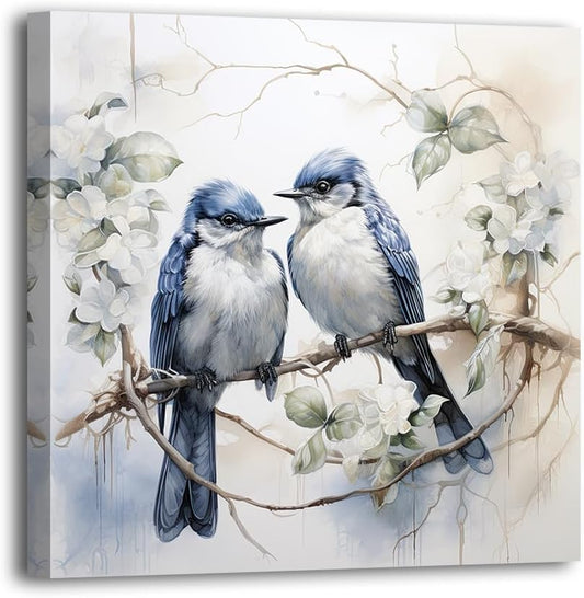 LURENCZH Bird Canvas Wall Art Blue Birds on Branch Picture Print Couple Birds Paintings for Living Room Bedroom Decor Framed Ready to Hang(Bird-3,12.00" x 12.00") BST326L