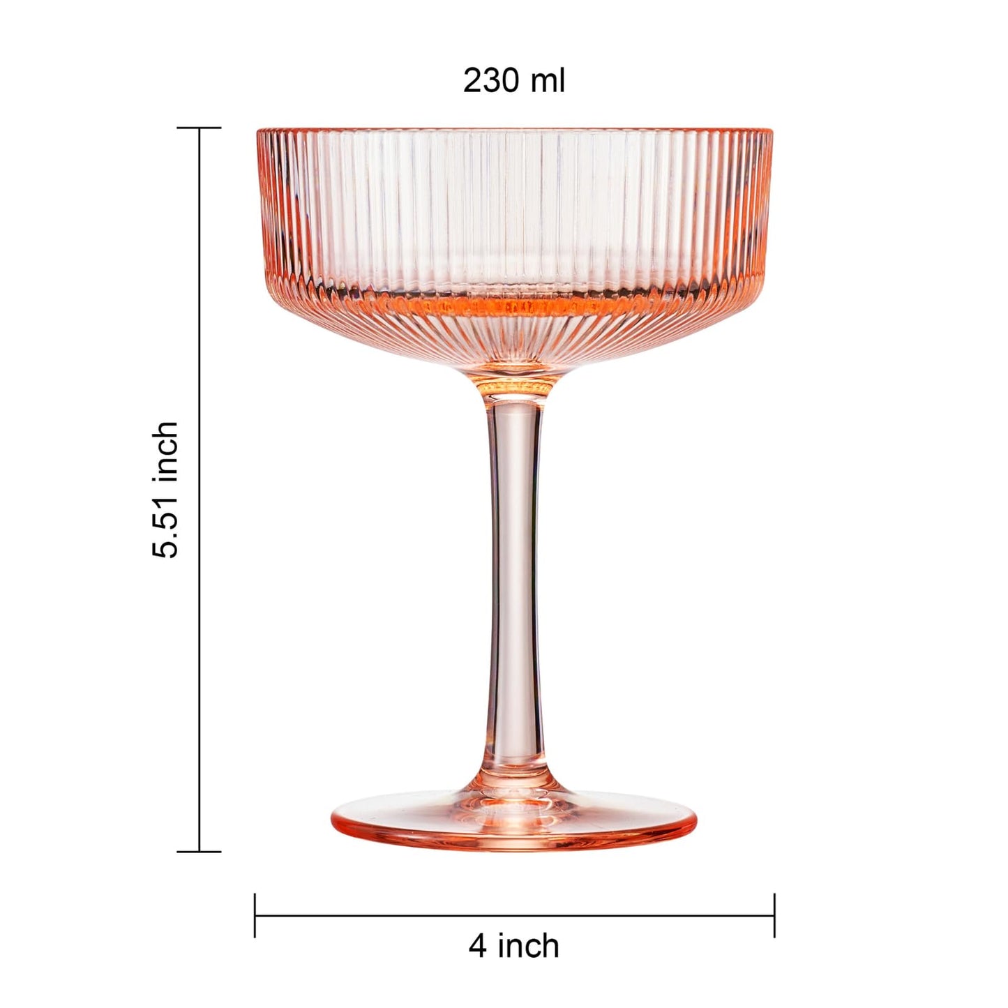 Khen Pink Peach Acrylic Ribbed Coupe Martini Champagne Cocktail Glasses, Set of 4, 8 oz Shatterproof Ripple Stemware European Style Reusable Drinkware Goblets, Indoor Outdoor Parties Weddings Bar Gift BST220