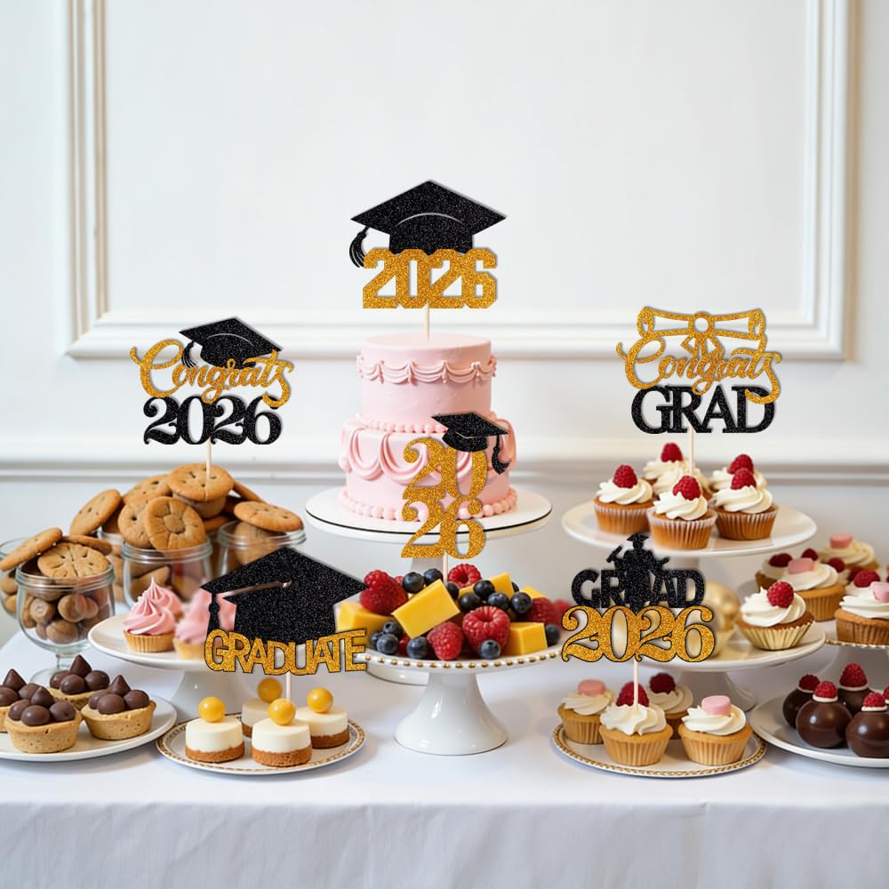 24Pcs Graduation Cupcake Topper, Glitter Class of 2026 Cupcake Topper Supplies for 2026 Congrats Grad Cap Diploma Cake Decor Graduate Celebration Party Cake Decorations Supplies (Black - 24) BST326L