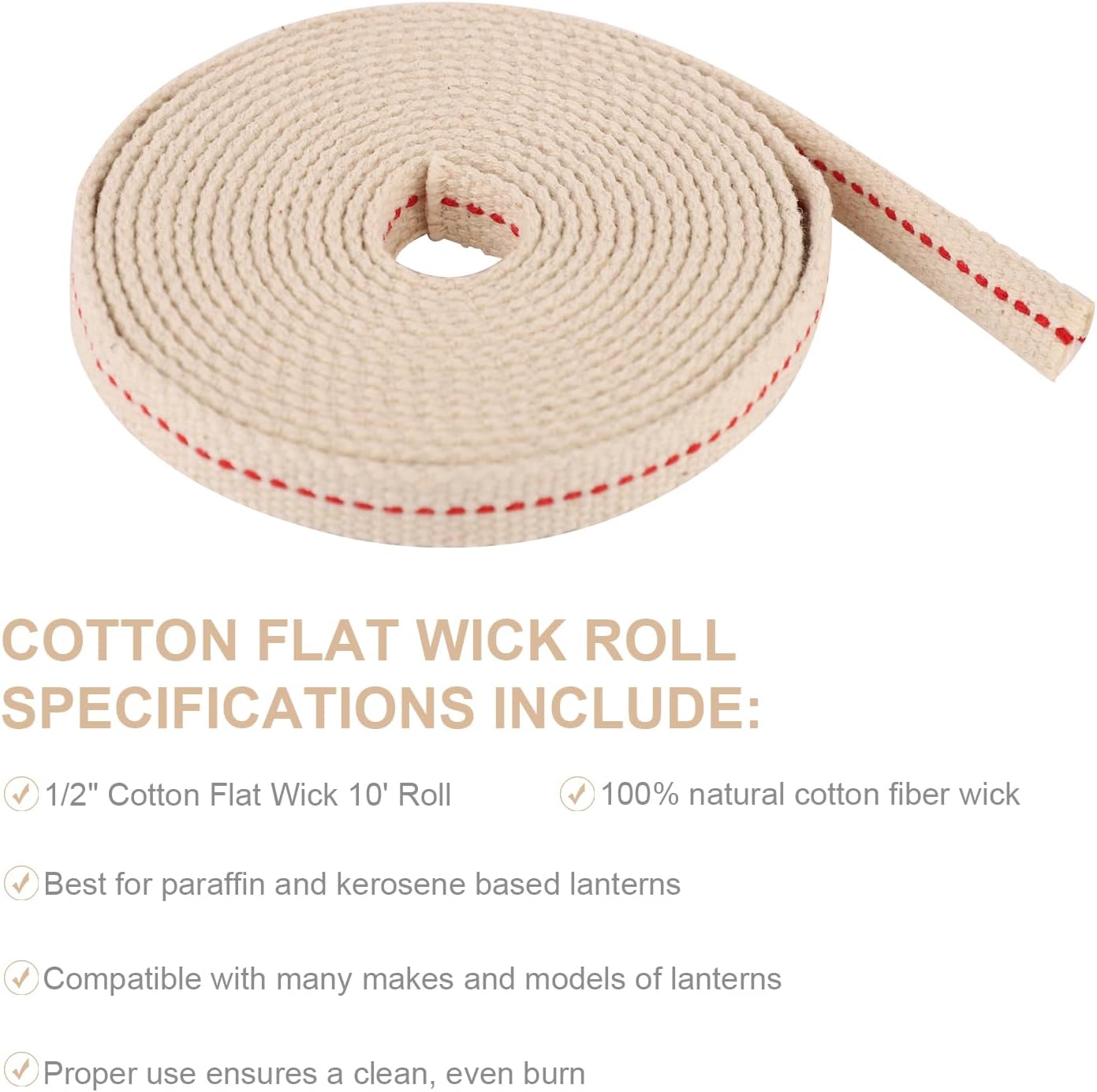Oil Lamp Wicks, 1/2in Total Length 9.84ft Cotton Flat Oil Lantern Wicks Cotton Flat Wick for Paraffin Oil Wicks for Oil Lamps with Red Stitch Replacement Parts for Kerosene Burner Lamp(White) BST326L