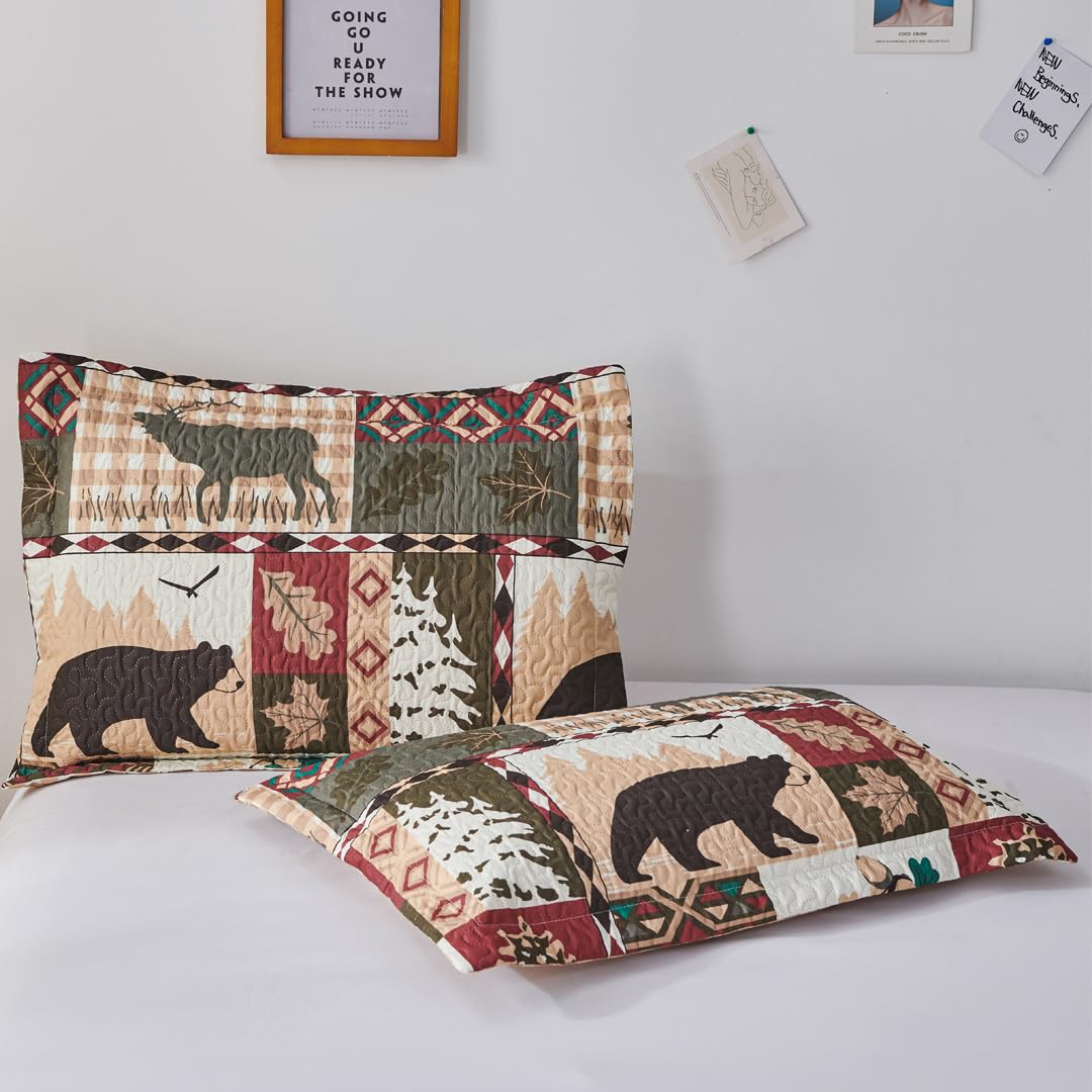 Rustic Moose Quilt Set King Size Lodge Quilt Lightweight Summer Cabin Bedspread Country Bedding Forest Bear Fish Pine Coverlet Daybed Cover Blanket Woodland Home Decor-Brown White BST220