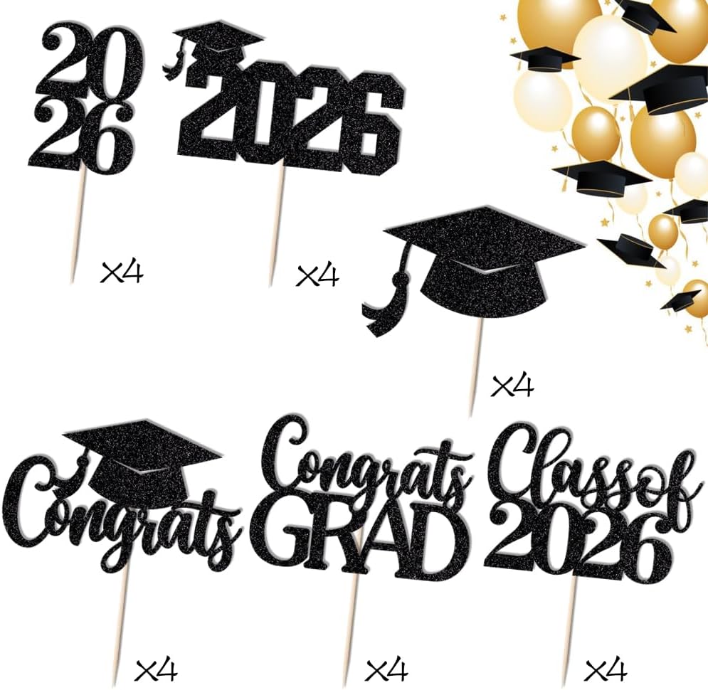 24Pcs Graduation Cupcake Topper, Glitter Class of 2026 Cupcake Topper Supplies for 2026 Congrats Grad Cap Diploma Cake Decor Graduate Celebration Party Cake Decorations Supplies (Black - 24) BST326L