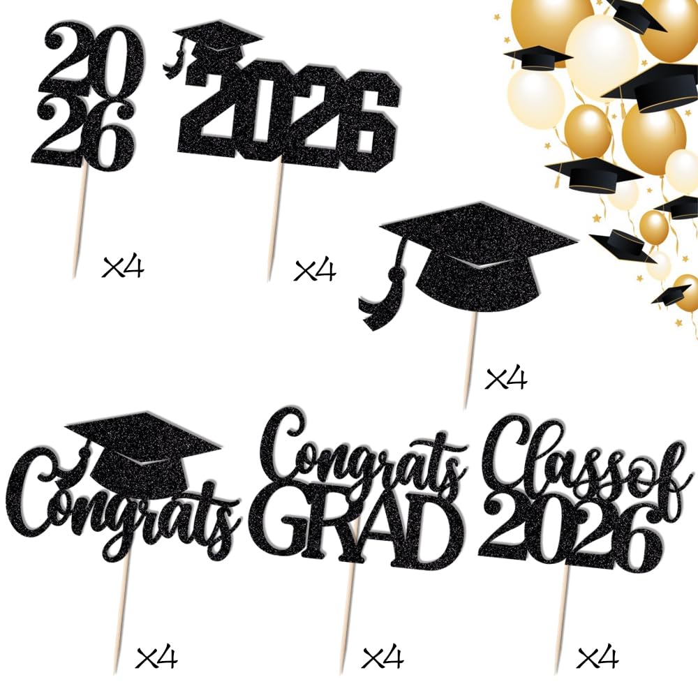 24Pcs Graduation Cupcake Topper, Glitter Class of 2026 Cupcake Topper Supplies for 2026 Congrats Grad Cap Diploma Cake Decor Graduate Celebration Party Cake Decorations Supplies (Black - 24) BST326L