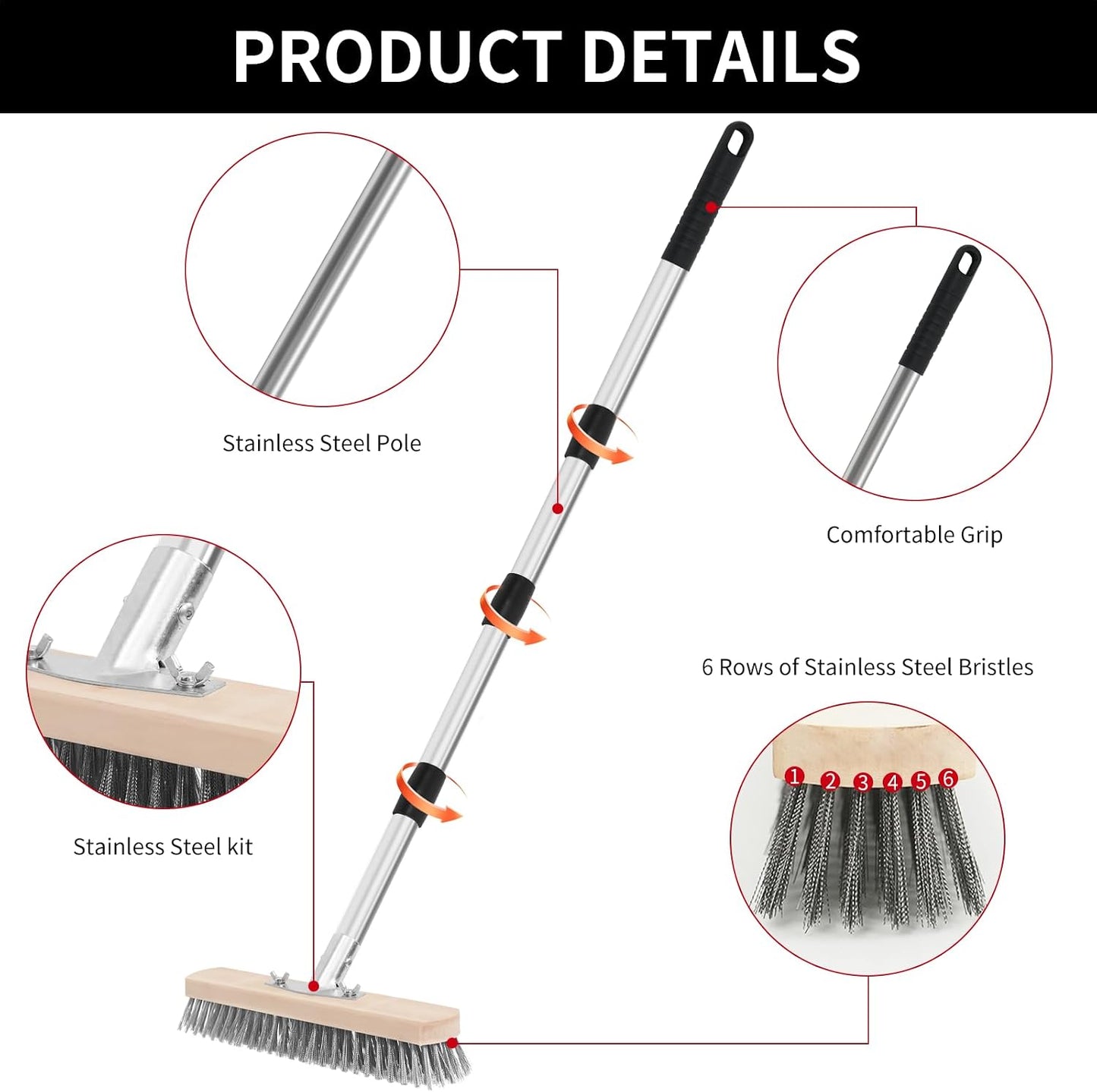 Stainless Steel Wire Scrub Brush with Long Handle, Heavy Duty Floor Scrubber Brush, Moss Remover Wire Broom for Deck, Rough Surface, Concrete Floor, Patio, Garden, Garage BST202