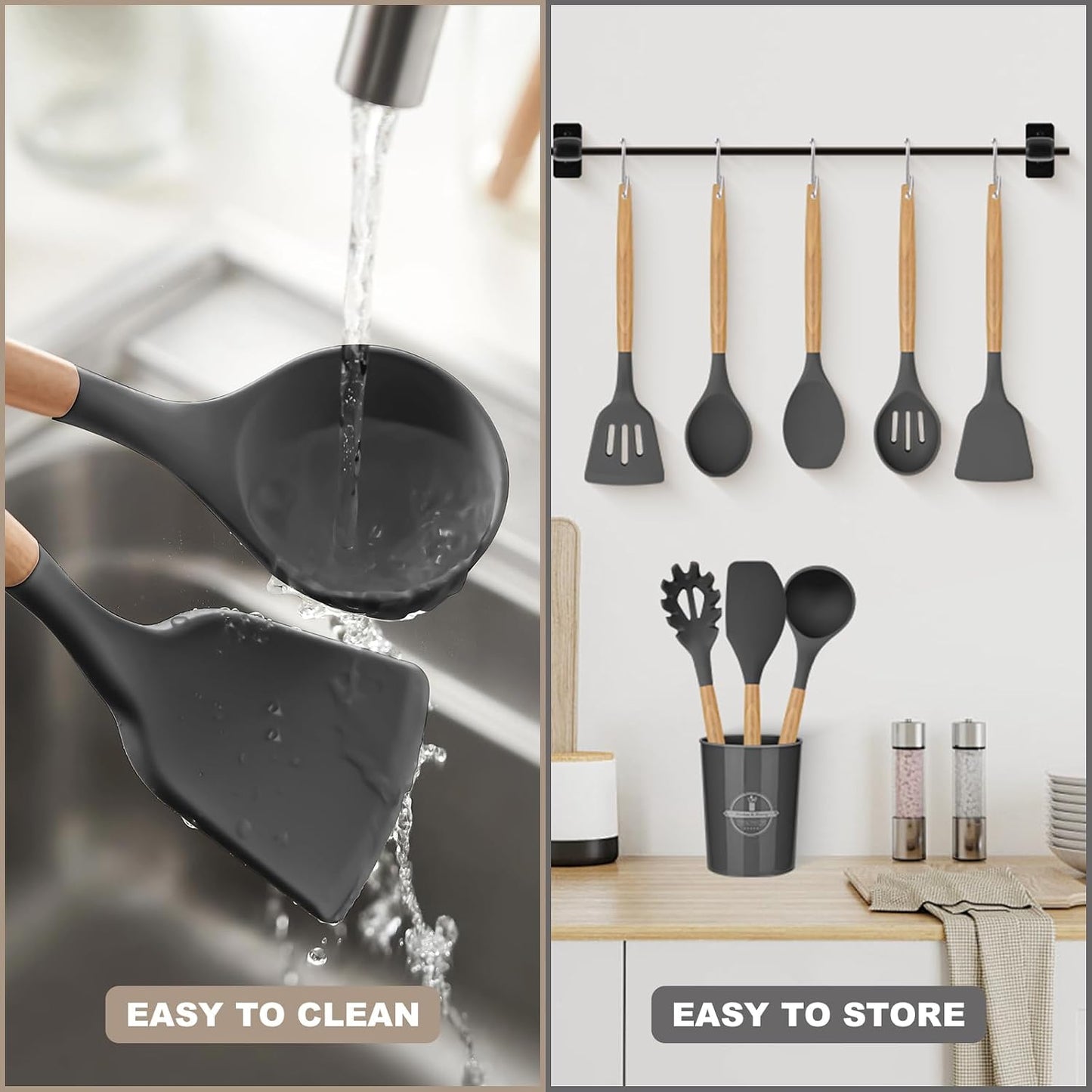 Silicone Kitchen Utensils Set, 22 PCS Silicone Cooking Utensils Set with Wooden Handle, BPA Free, Food Grade Non Stick Coating Spatulas Kitchen Utensils (Grey) BST202