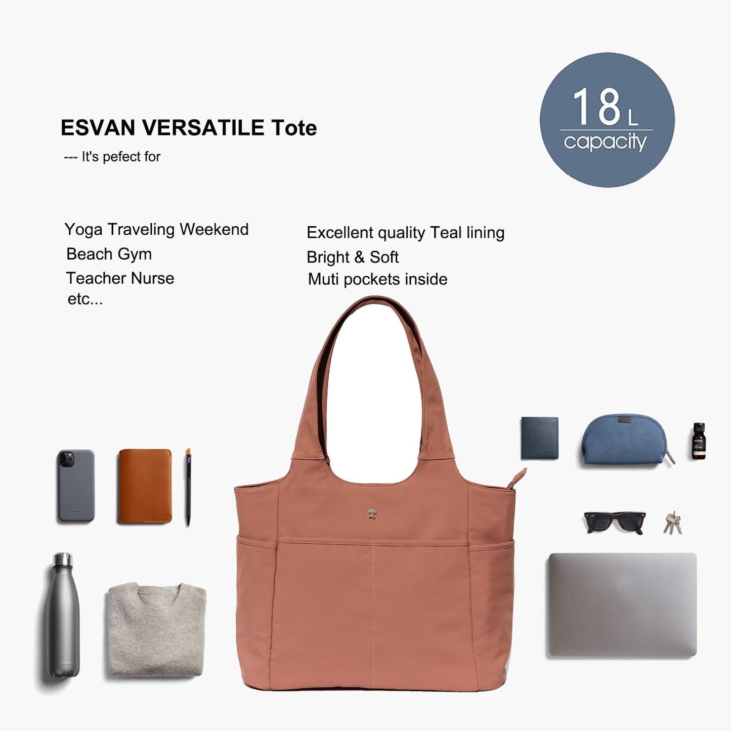 ESVAN Yoga Tote Bag Mat bag Women Shoulder Bags Carryall Tote for Travel Office Workout Gym Nurse Beach BST326H