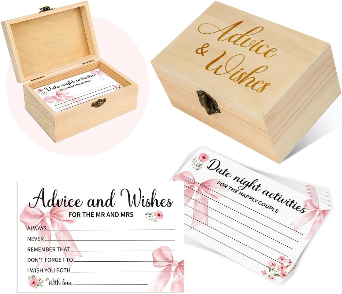 50Pcs Wedding Pink Bow Advice and Wishes Cards Box for The Mr and Mrs Wedding Bridal Shower Engagement Party Games Decorations for Reception BST202