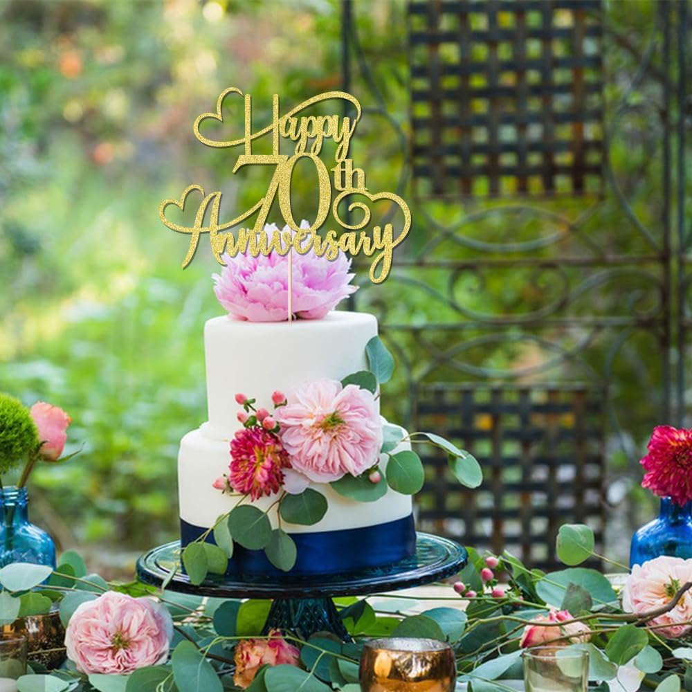 Happy Anniversary Cake Topper gold Glitter 1/15/16/18/25/30/40/50/60/70/80/90 Party Decoration Cake Topper Supplies Wedding Anniversary Cake decoration (70) BST202