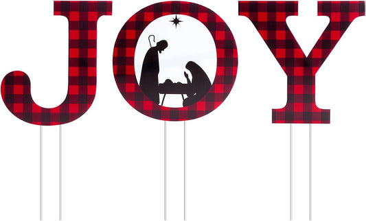 Christmas JOY Nativity Decorations Outdoor JOY Yard Sign Plaid Christmas Decorative Sign with Stakes Xmas Decor for Home Door Window Wall Indoor Outdoor Lawn Garden (Red and Black) WN420