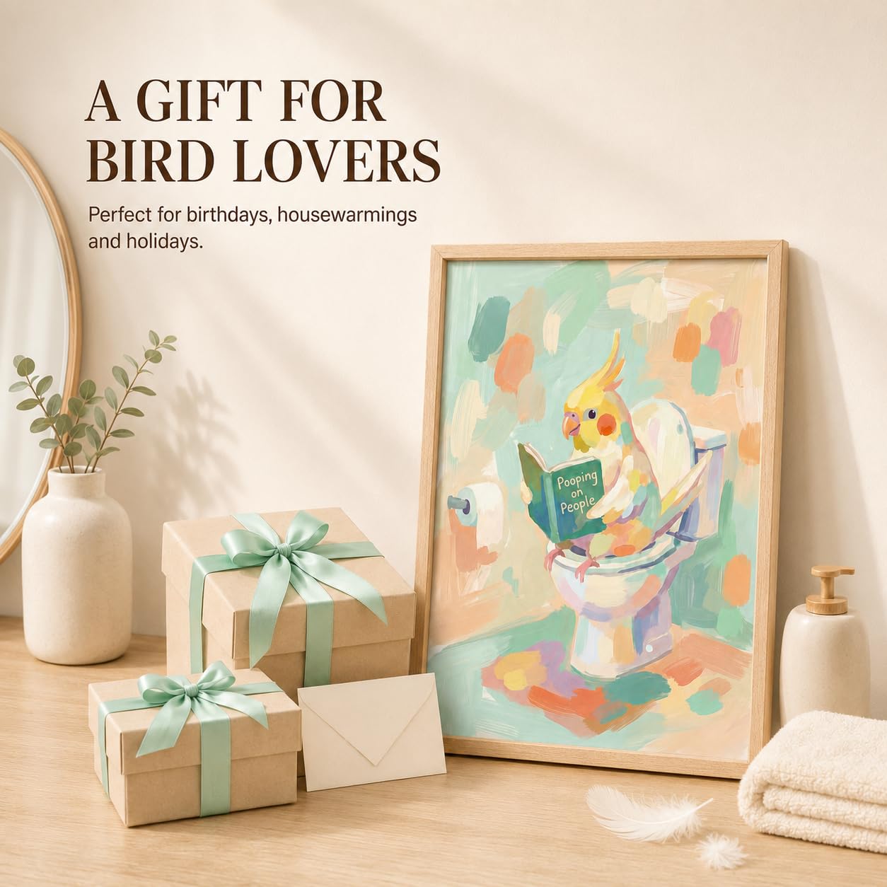 Framed Funny Parrot Bathroom Wall Art Cute Cockatiel Whimsical Canvas Print | Cute Bird Painting Natural Wood Frame Whimsical Animal Picture Playful Wall Decor for Bathroom Kids Room Nursery12x16Inche BST326H