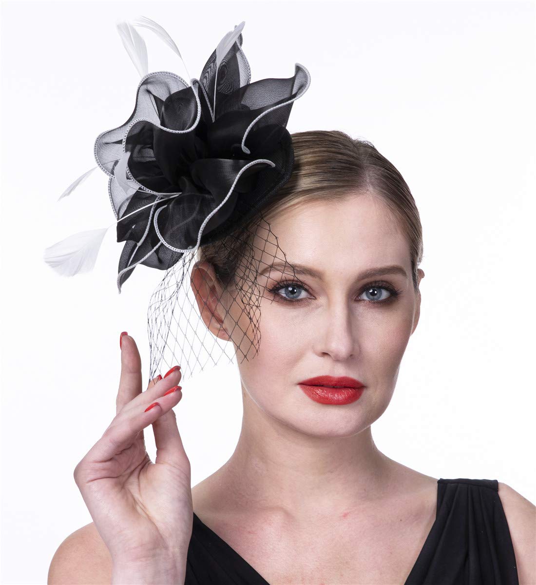 SAFERIN Fascinators Hat Flower Mesh Ribbons Feathers on a Headband and a Clip Tea Party Headwear for Girls and Women WN420