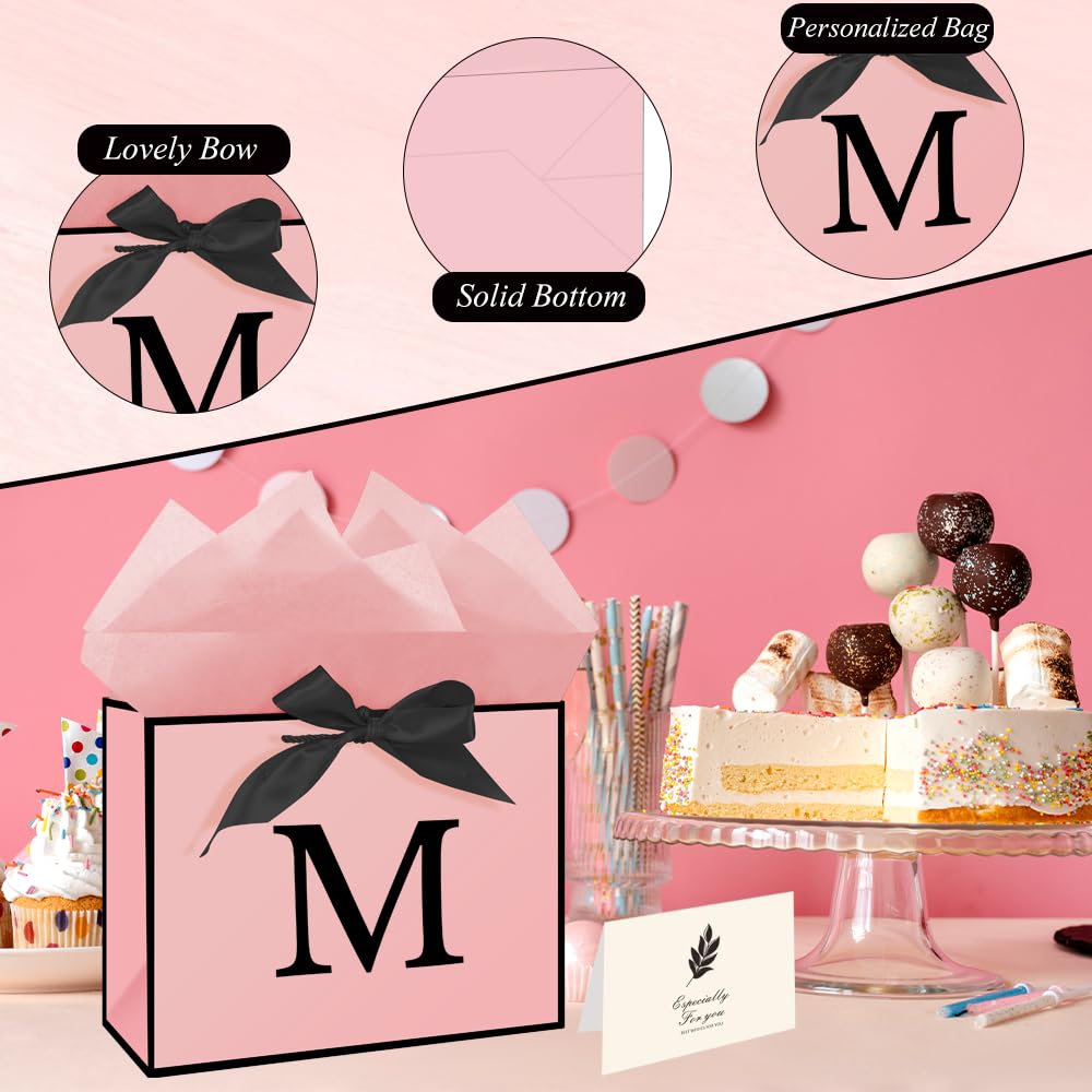 Eaureum Personalized Initial A Gift Bags for Girls Women, 13" Pink Initial A Gift Bags for Birthday Wedding Holidays Party Decorations for Her Girls Women Daughter Granddaughter Friends Wife BST326L