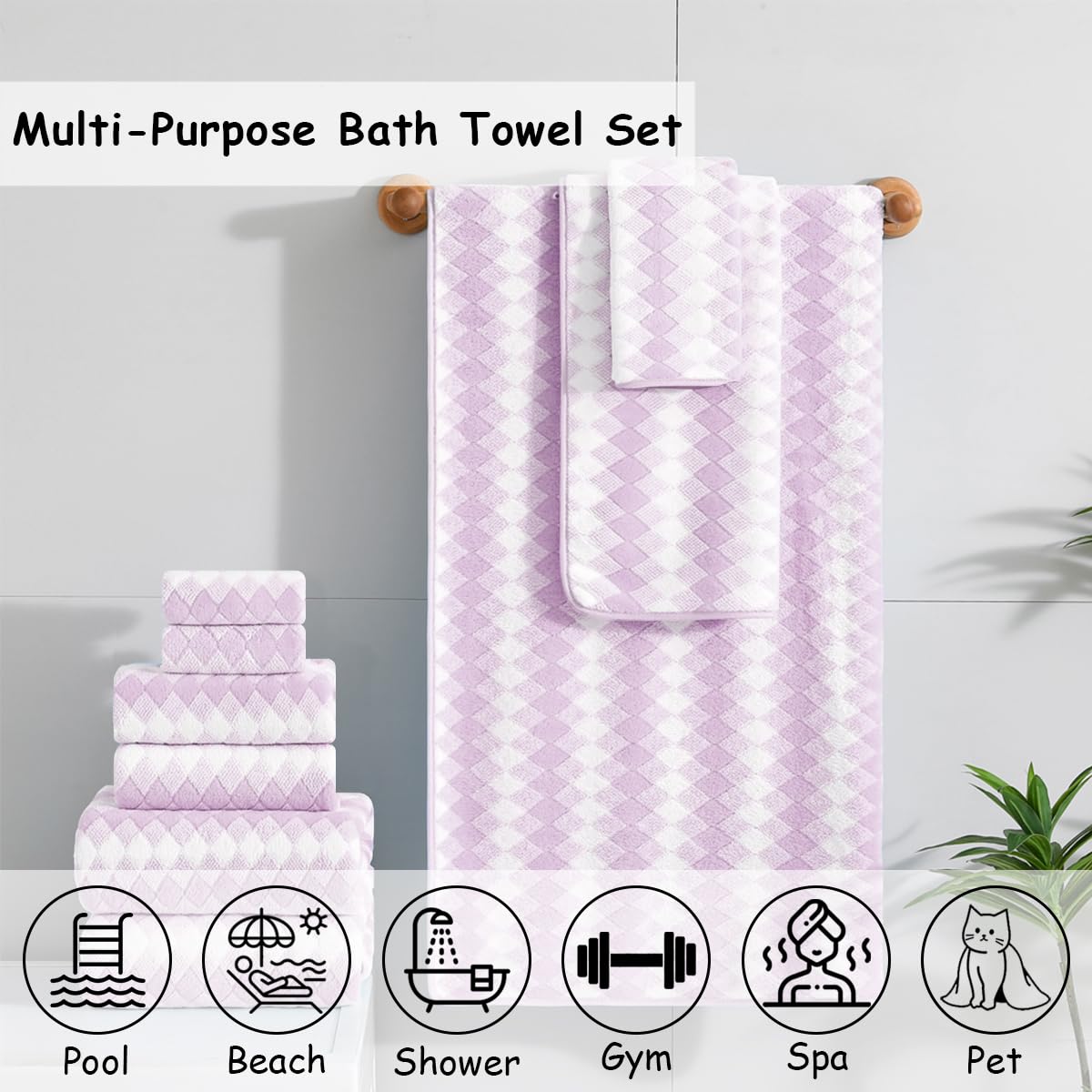 12 Pcs Light Gray Diamond Towel Set-4 Bath Towels,4 Hand Towels,4 Washcloths Soft Polyester Towels with Loop Absorbent Shower Towel Quick Dry Beach Chair Towel Family Towels for Bathroom Spa Gym Pool BST220