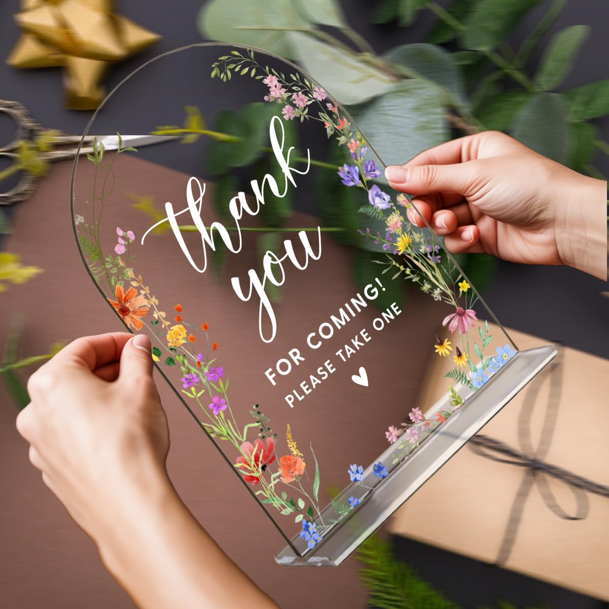 Acrylic Wedding Signs, Pick A Card Signs for Marriage Reception, Bridal Shower Decorations, Modern Arched Round Top Acrylic Table Top Sign with Holder for Wedding Party Dinner (Clear Wildflowers) BST326L