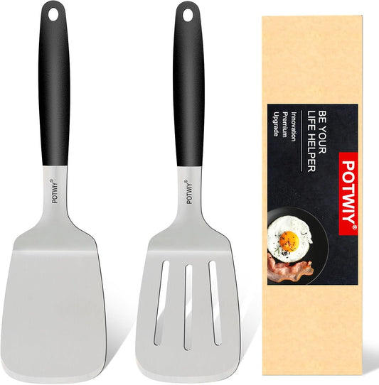 Stainless Steel Wide Spatula Set, Heavy Duty Large Metal Spatulas for Cast Iron Skillets Griddle and BBQ Grill, Solid and Slotted Turner with Silicone Handle for Smash Burgers and Pancake BST326H
