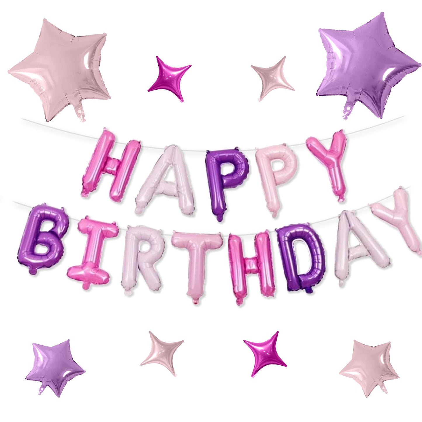 Happy Birthday Balloons Banner, Rainbow Happy Birthday Foil Balloons 16 Inch Foil Letter Balloon with 8 Pcs Gradient Blue Pink Star Balloon for Women Men Boys Girls Birthday Party Decoration WN420