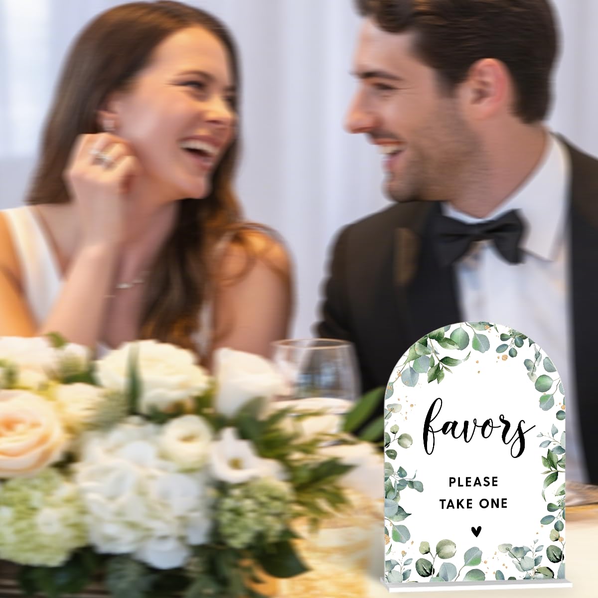 Acrylic Wedding Signs, Bubble Send Off Signs for Marriage Reception, Bridal Shower Decorations, Modern Arched Round Top Acrylic Table Top Sign with Holder for Wedding Party (White Eucalyptus Leaves) BST326L