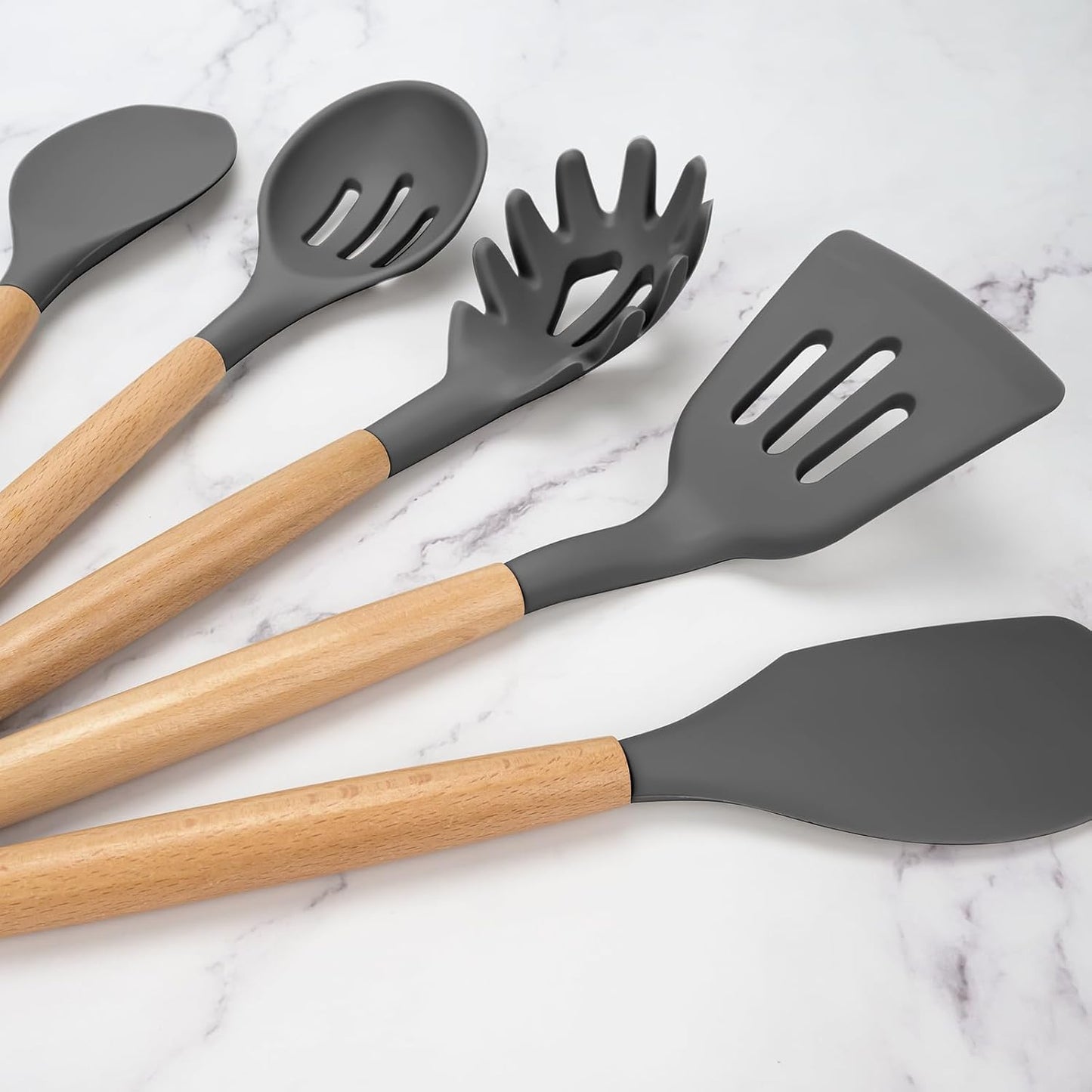 Silicone Kitchen Utensils Set, 22 PCS Silicone Cooking Utensils Set with Wooden Handle, BPA Free, Food Grade Non Stick Coating Spatulas Kitchen Utensils (Grey) BST202