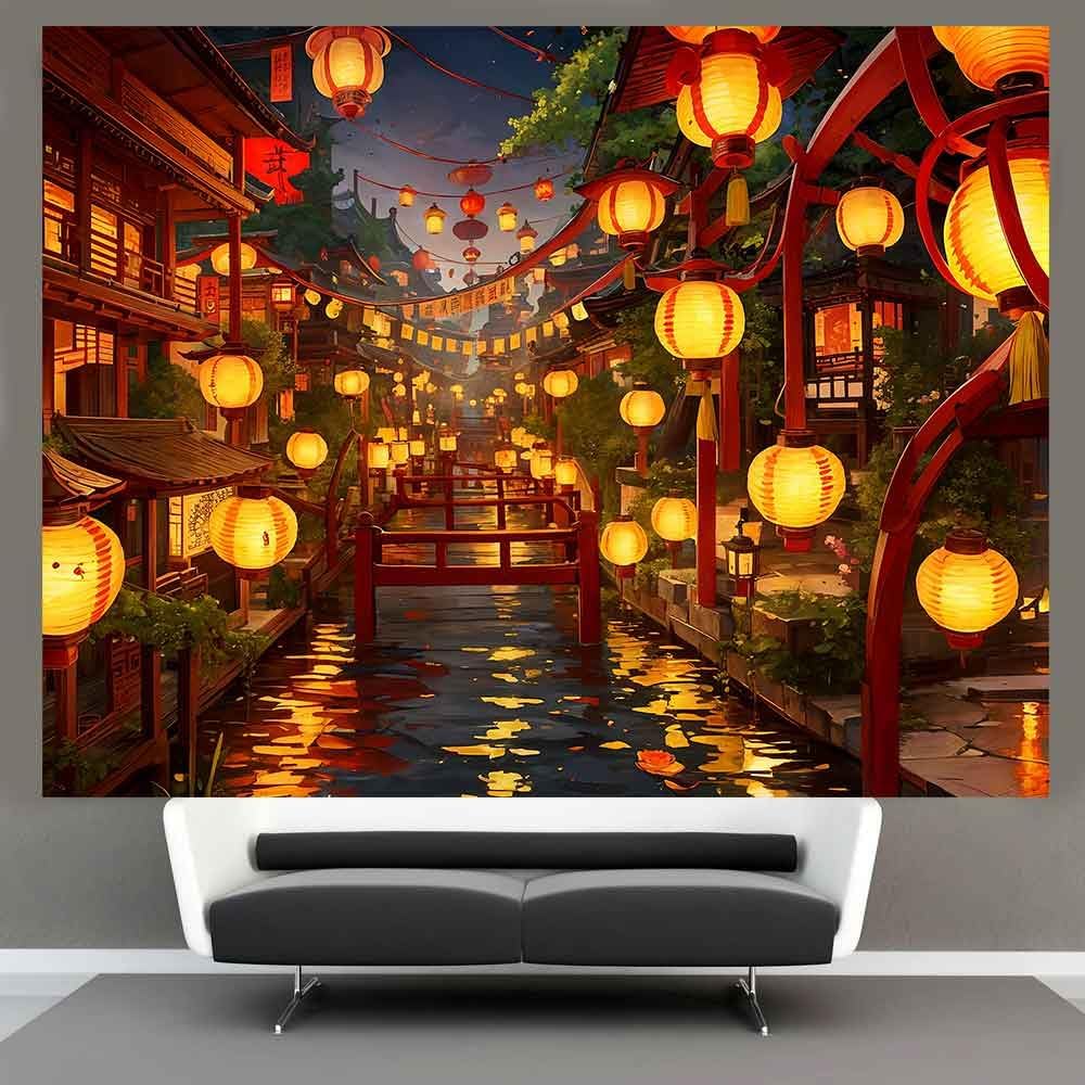 Ine Ive Japanese Tapestry Wall Hanging Large Size 93x71 Inch | Traditional Japan Streets filled with lanterns tapestry for Bedroom Living Room Dorm Office Restaurant Wall Decor BST202