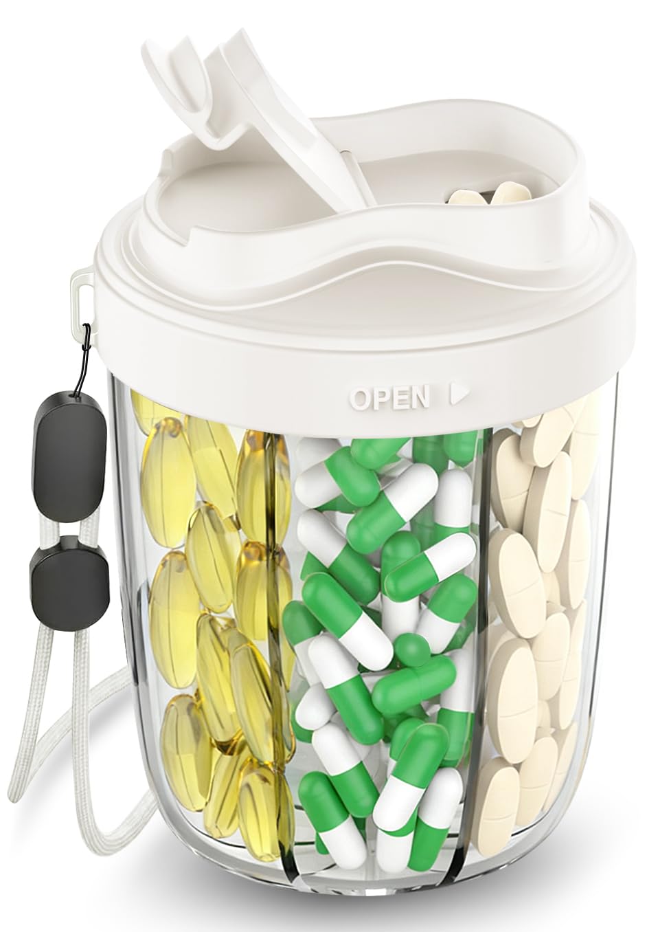 Pill Dispenser with 7 Large Compartments - Portable Pill Organizer for Travel, Anti-Mix Design & Wide Opening Design, Easy Access to Vitamin Dispenser, Includes 20 Blank Stickers (White) WN420