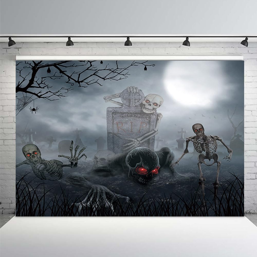 MEHOFOND Halloween Cemetery Photography Backdrop - Full Moon Scary Night Background - Skull Ghost Skeletons Cemetery Party Decorations - 7x5ft WN420