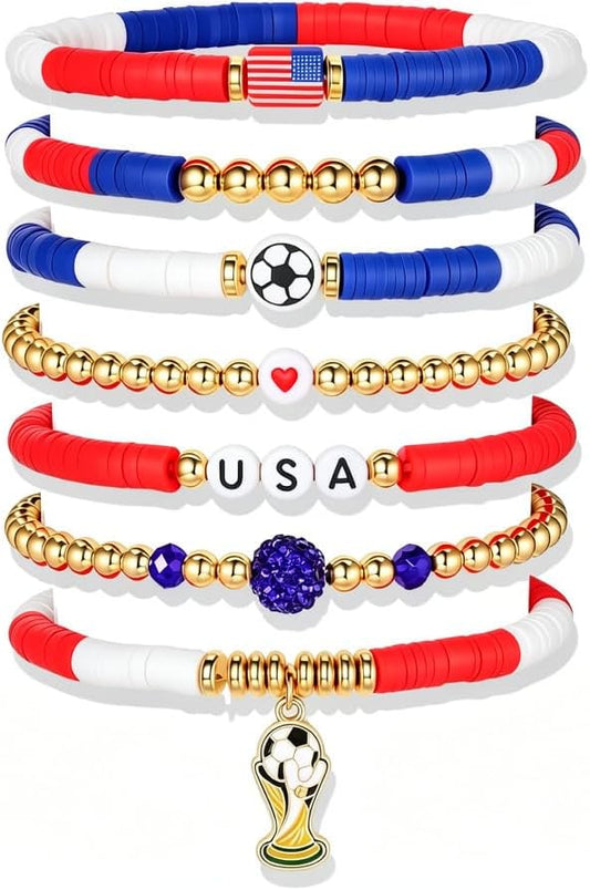 for FIFA World Cup 2026 Soccer Bracelets Gifts,for panini Game Day Soccer Bracelet Stack 7pcs Stackable Beaded USA Football Bracelets Outfits Jewelry Sports Fans Gifts Essentials Party Favors BST326L