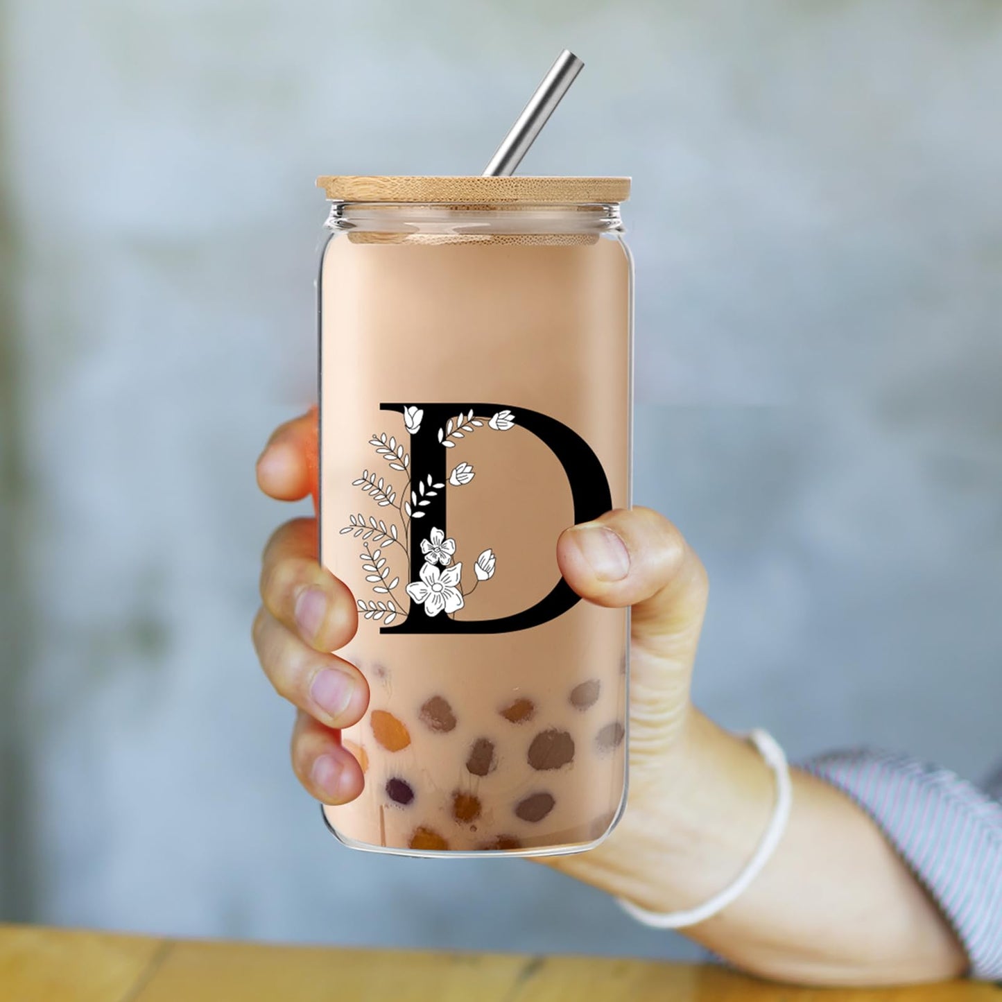 Monogrammed Initial Glass Cup with Lids and Straws gift for Women | Personalized Gift Set with Doll, 16 Oz Ice Coffee Cup ,reusable glass tumbler,Birthday Christmas Gift for Her,U WN420