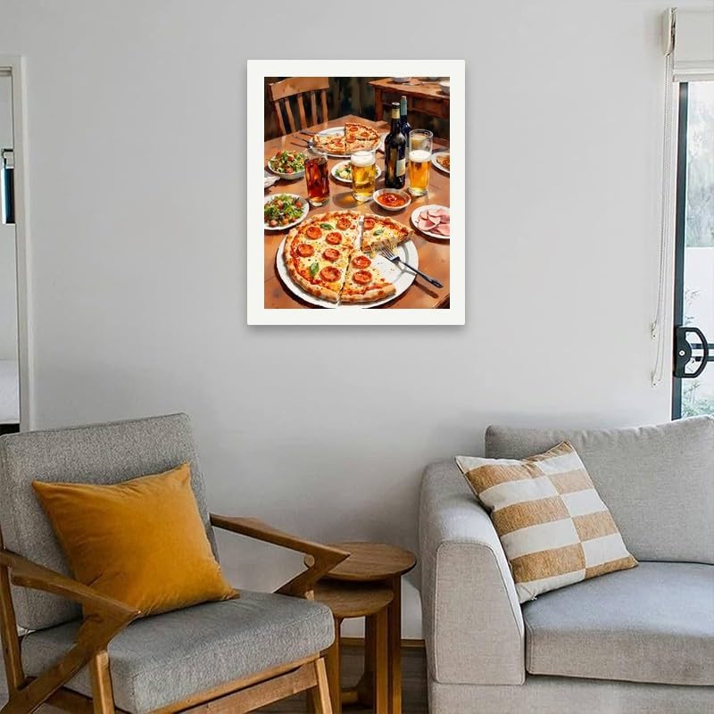 Food & Drink Paint by Numbers Kit for Adults - DIY Pepperoni Pizza and Drink Table Painting on Canvas 12x16 Inches, Acrylic Paint Set, Suitable for Beginners, Art for Kitchen Decor or Gifts BST326H