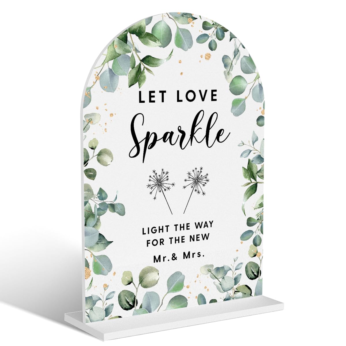 Acrylic Wedding Signs, Bubble Send Off Signs for Marriage Reception, Bridal Shower Decorations, Modern Arched Round Top Acrylic Table Top Sign with Holder for Wedding Party (White Eucalyptus Leaves) BST326L