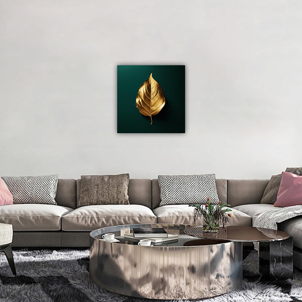 LURENCZH Leaf Canvas Wall Art Golden Leaf Picture Prints Green and Gold Paintings for Living Room Bedroom Decor Framed Ready to Hang(Green-1,12.00" x 12.00") BST326H