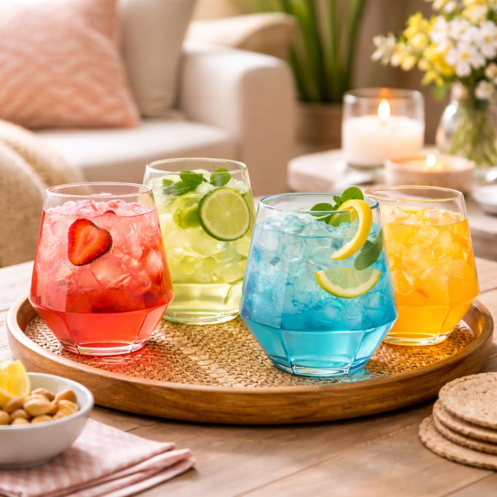Oojami 40 Pack Diamond Disposable Plastic Wine Glasses 12oz for Parties | Stemless Wine Cups, Champagne Cocktail Whiskey - Shatterproof Unbreakable Reusable Recyclable BPA-Free, Weddings Birthday BST220