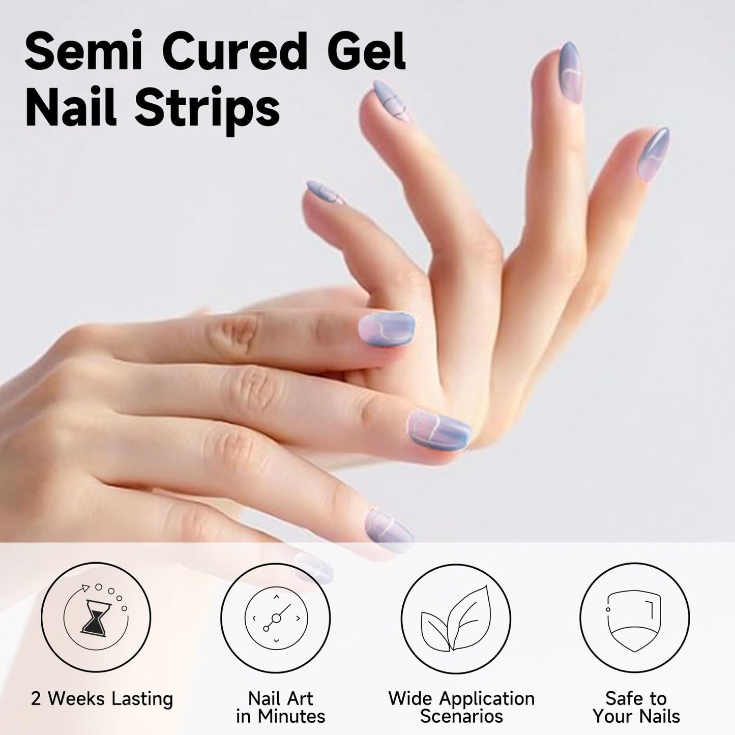 Semi Cured Gel Nail Strips, 56Pcs Nail Art Stickers/Wraps, Long Lasting UV Nail Polish Strips for Adults (Silver Rhinestones+French Tip Glitter) BST220