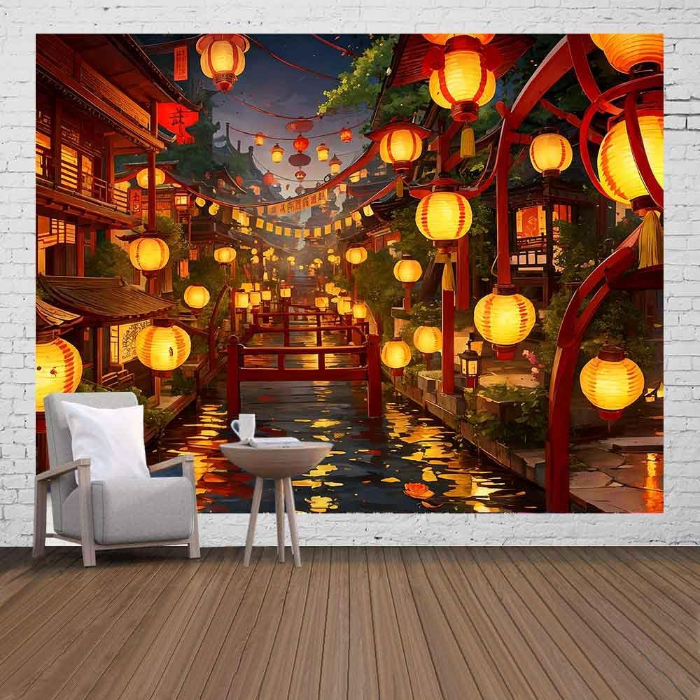 Ine Ive Japanese Tapestry Wall Hanging Large Size 93x71 Inch | Traditional Japan Streets filled with lanterns tapestry for Bedroom Living Room Dorm Office Restaurant Wall Decor BST202