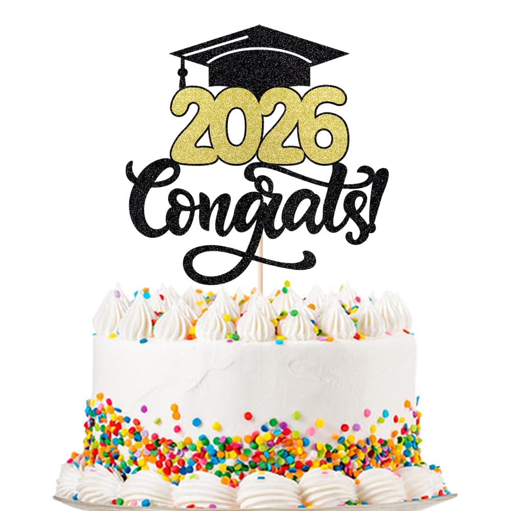 24Pcs Graduation Cupcake Topper, Glitter Class of 2026 Cupcake Topper Supplies for 2026 Congrats Grad Cap Diploma Cake Decor Graduate Celebration Party Cake Decorations Supplies (Black - 24) BST326L